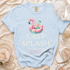 Light blue t-shirt with "LAST SPLASH Sarah's Bach Malibu CA Summer 2026" and a flamingo float.