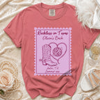 Pink graphic tee with "Reckless in Texas Olivia's Bach Austin, TX Summer 2026".