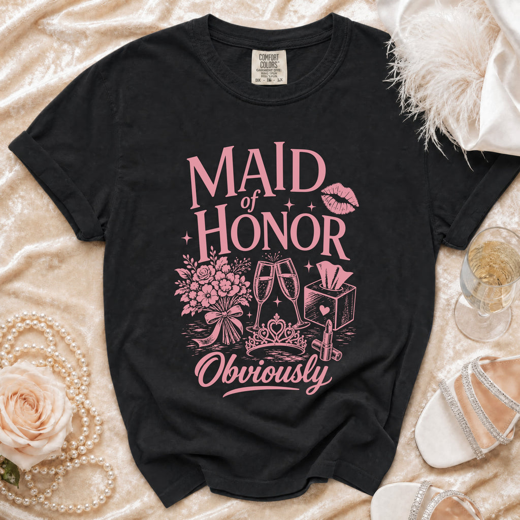 Black t-shirt with "MAID of HONOR Obviously" text and wedding graphics.