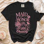 Black t-shirt with "MAID of HONOR Obviously" text and wedding graphics.