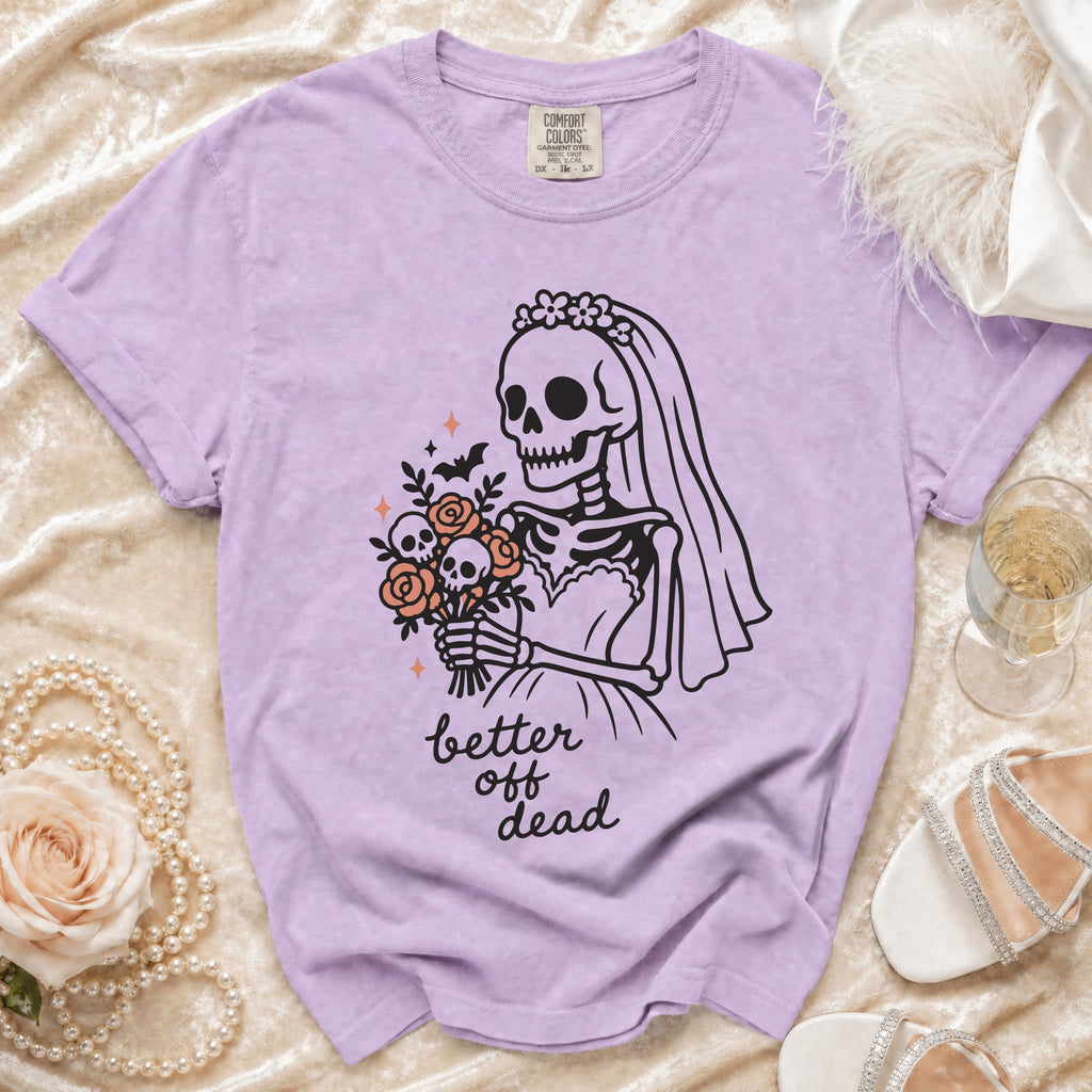 Purple t-shirt with skeleton bride graphic and "better off dead" text.