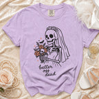 Purple t-shirt with skeleton bride graphic and "better off dead" text.