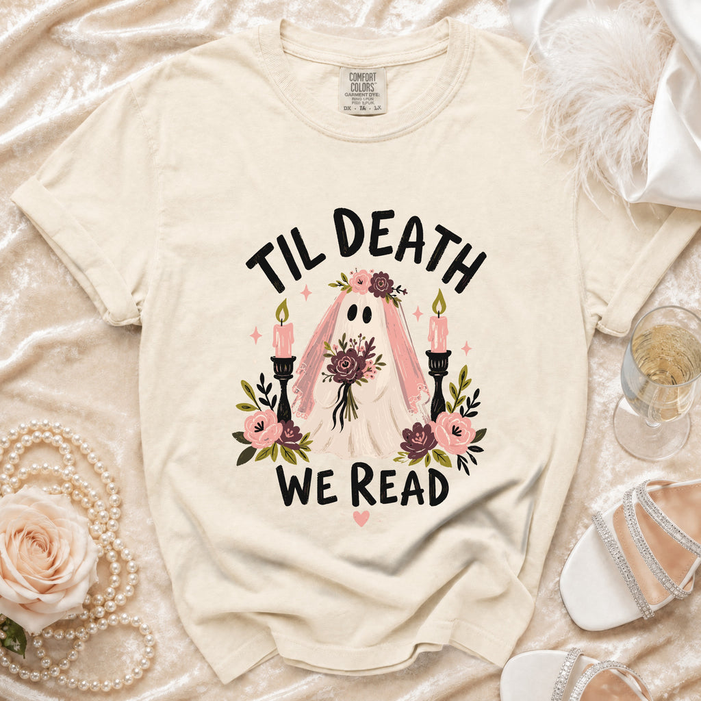 Cream t-shirt with ghost bride graphic and text "Til Death We Read."