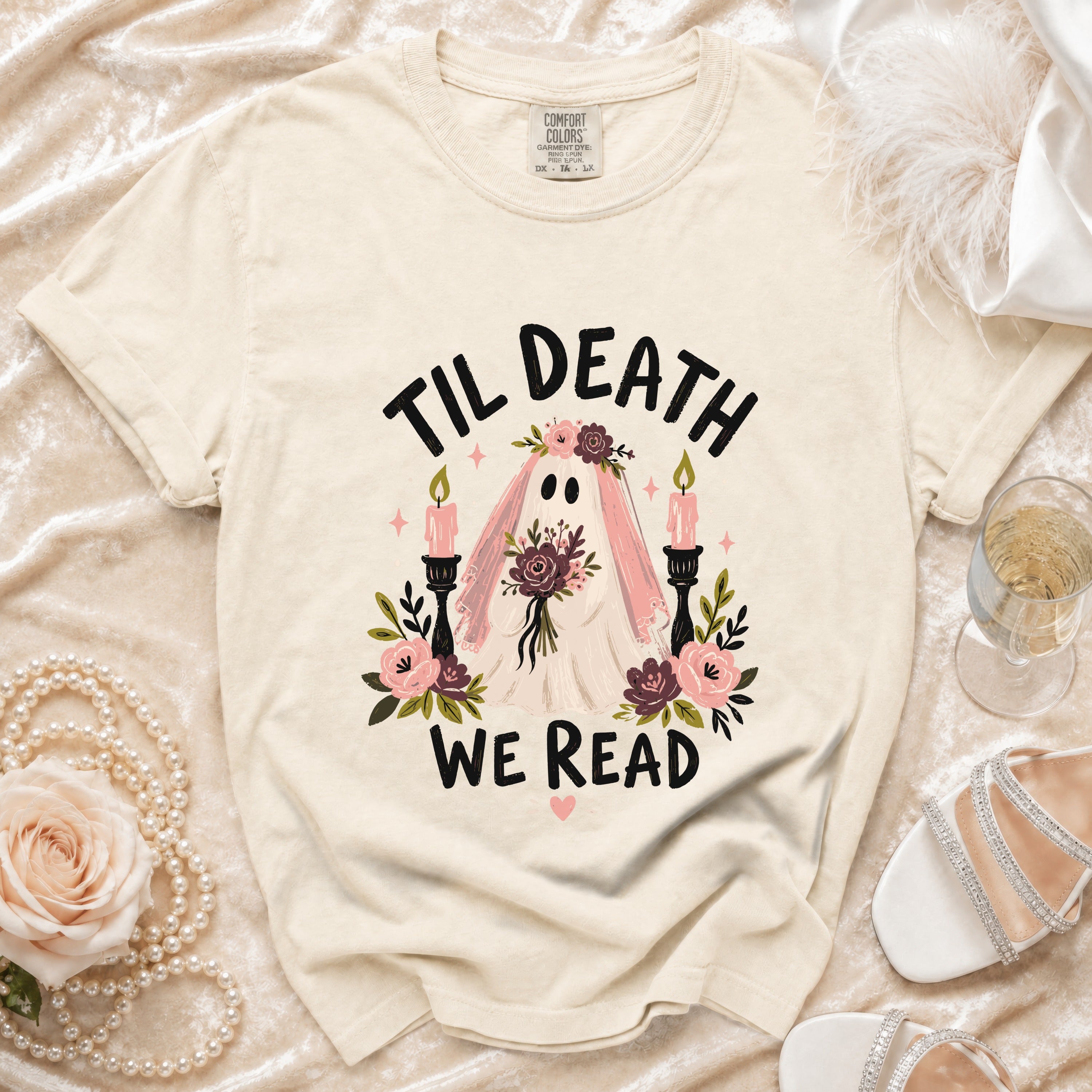 Cream t-shirt with ghost bride graphic and text "Til Death We Read."