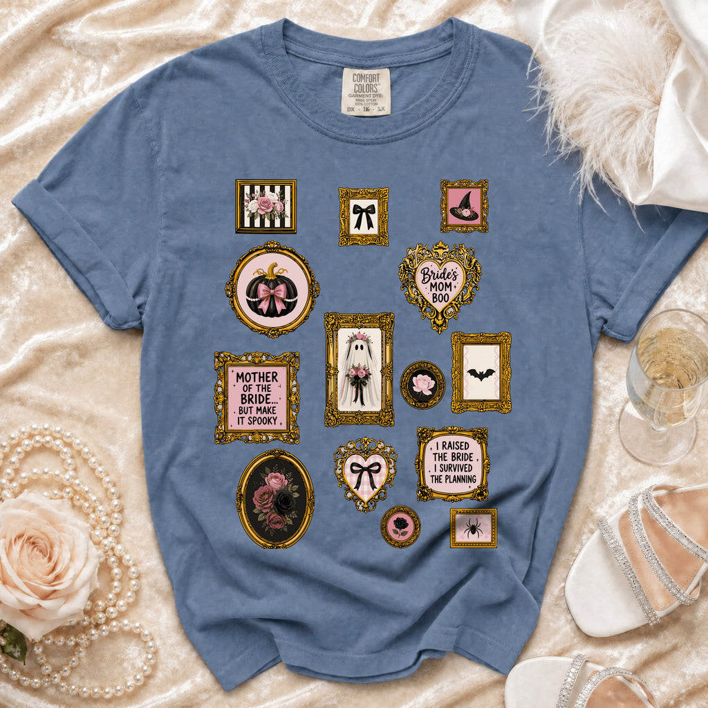 Blue t-shirt with framed spooky and bridal graphics, including pumpkin, ghost, and text.