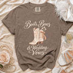 Brown Comfort Colors t-shirt with "Boots, Bows & Wedding Vows" graphic.