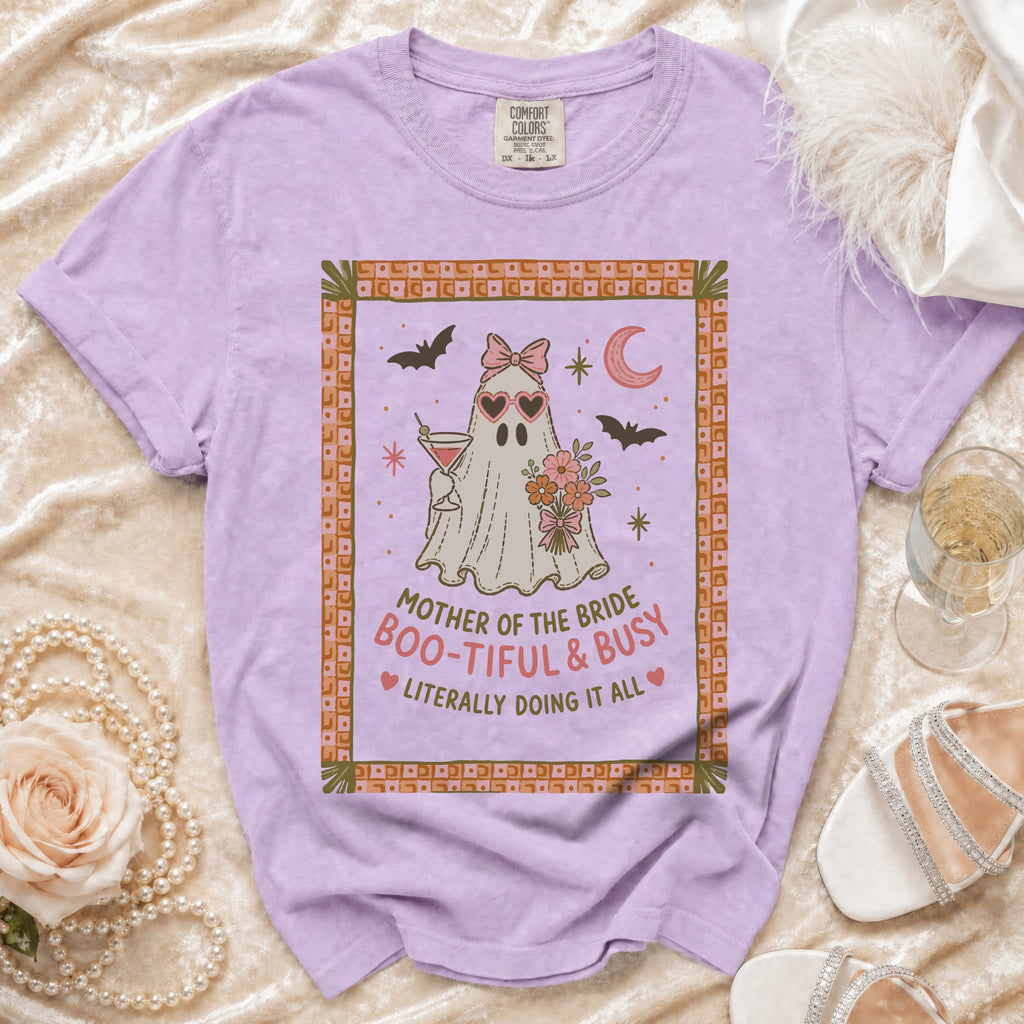 Lavender t-shirt with "Mother of the Bride Boo-tiful & Busy" graphic.