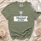 Green t-shirt with trophy graphic and "Married to Win" text.