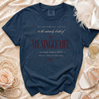 Navy t-shirt with "MY SINGLE LIFE" text and wedding-themed graphics.