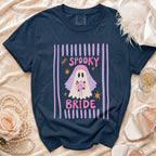 Navy t-shirt with a spooky bride ghost graphic and pink text.