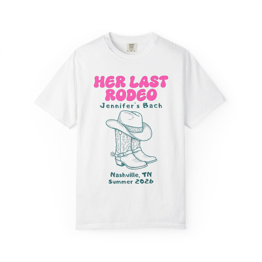 White t-shirt with "HER LAST RODEO" and cowboy boots, Nashville TN, Summer 2026.