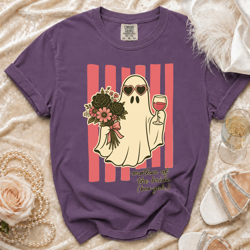Purple t-shirt with ghost, heart sunglasses, wine, bouquet, and text.