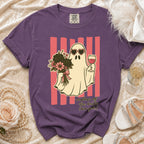 Purple t-shirt with ghost, heart sunglasses, wine, bouquet, and text.