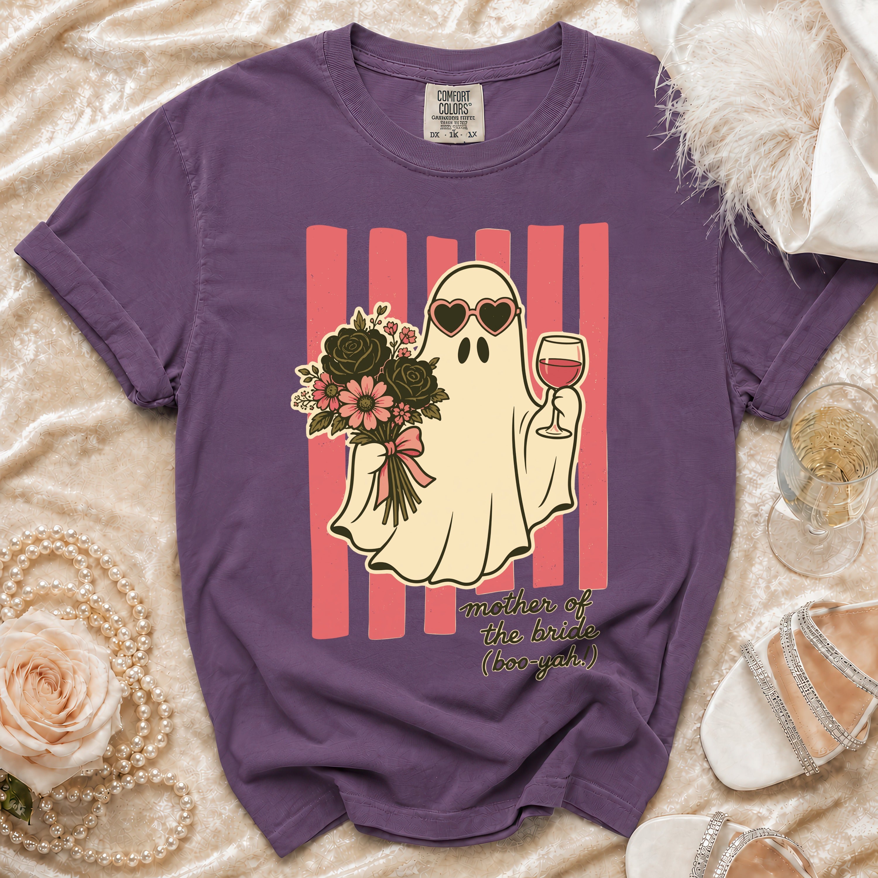Purple t-shirt with ghost, heart sunglasses, wine, bouquet, and text.