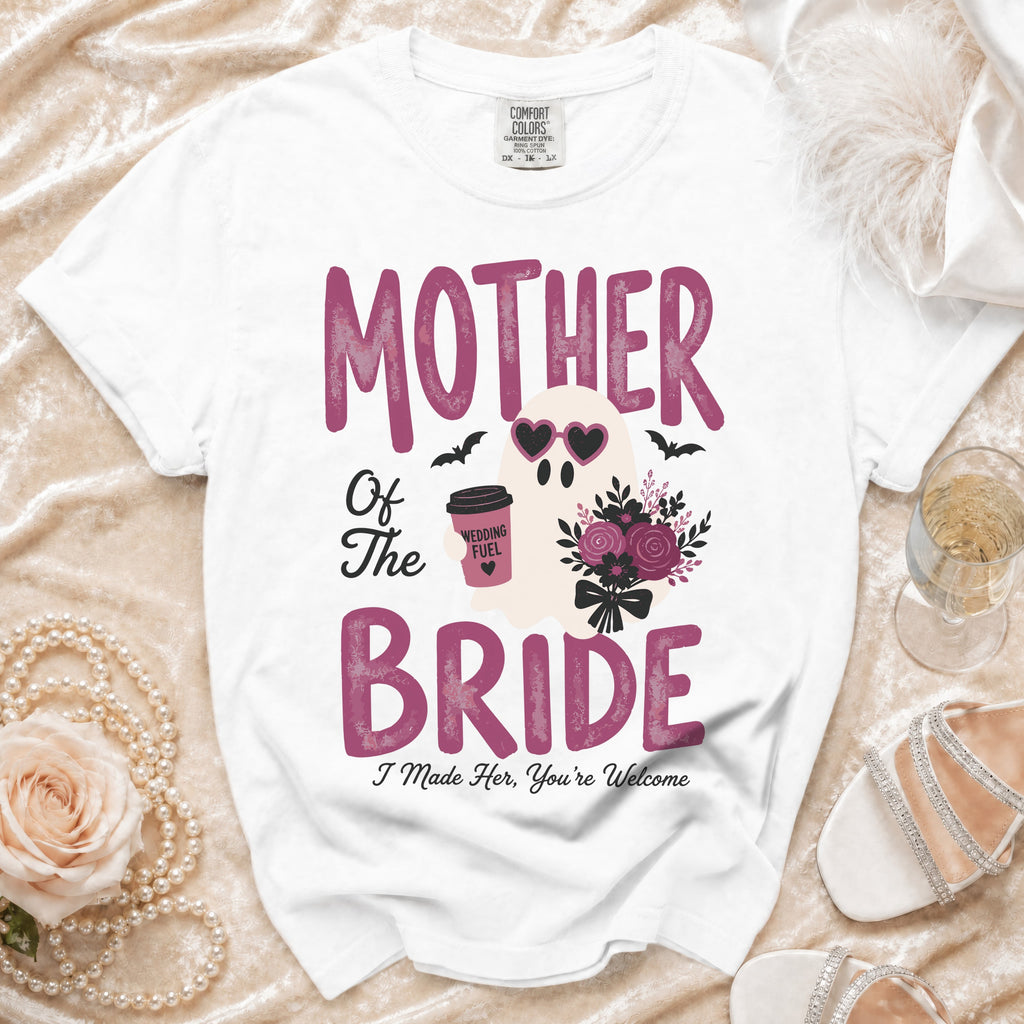 White t-shirt with "Mother Of The Bride" and a ghost graphic.