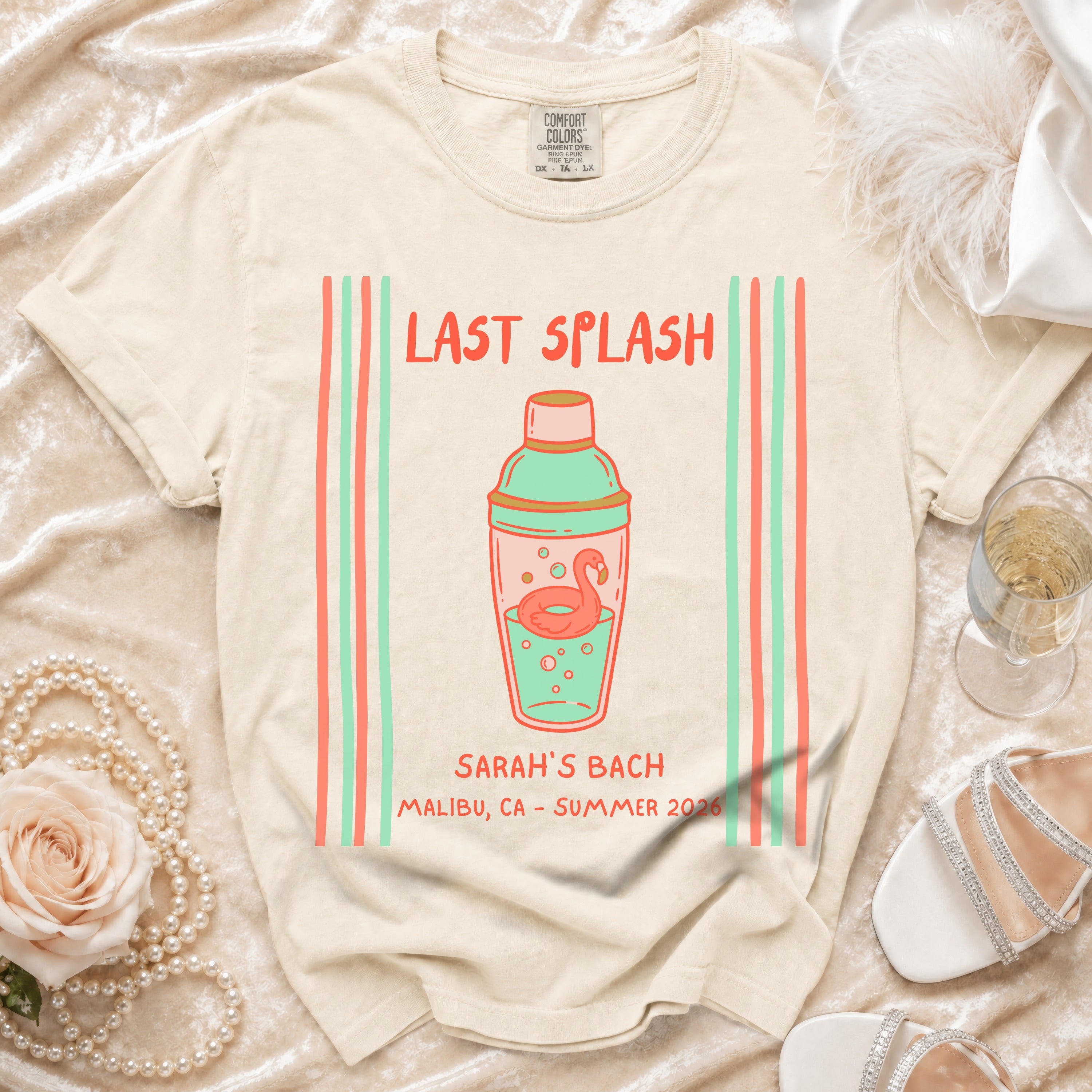 T-shirt with "Last Splash Sarah's Bach Malibu CA Summer 2026" text and cocktail shaker graphic.