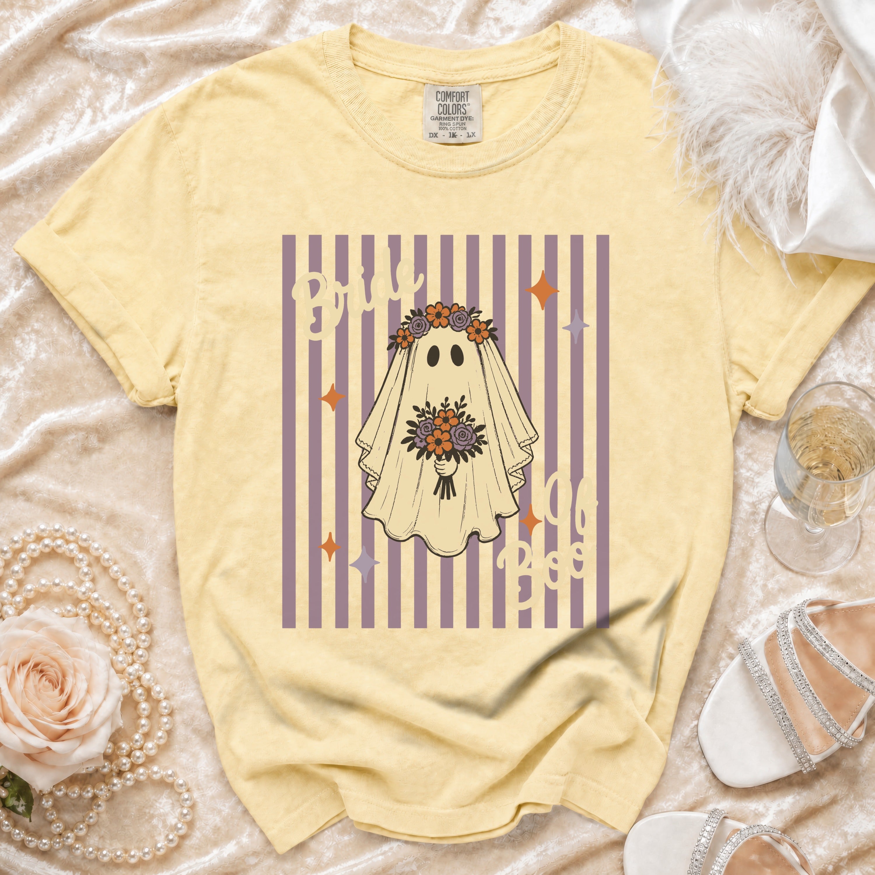 Yellow t-shirt with a ghost bride graphic and text "Bride Boo".