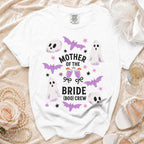 White t-shirt with "Mother of the Bride (Boo) Crew" text and Halloween graphics.