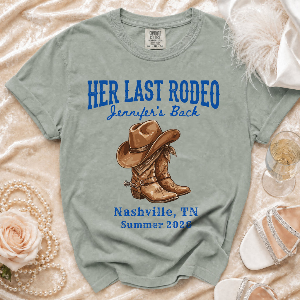 "Her Last Rodeo" text and cowboy boots graphic on a t-shirt.