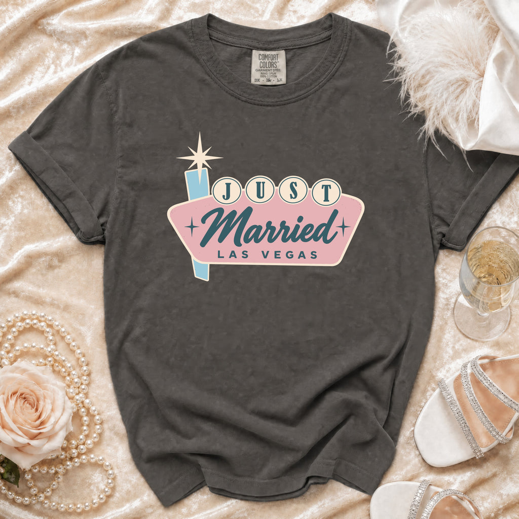 Dark grey t-shirt with "Just Married Las Vegas" neon sign graphic.