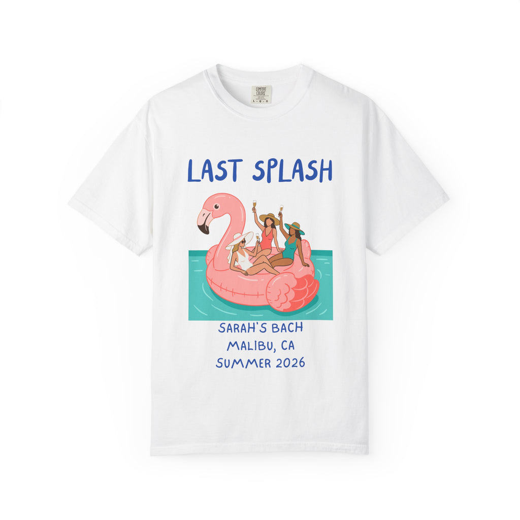 White t-shirt with "Last Splash" text and women on a flamingo float.