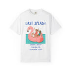 White t-shirt with "Last Splash" text and women on a flamingo float.