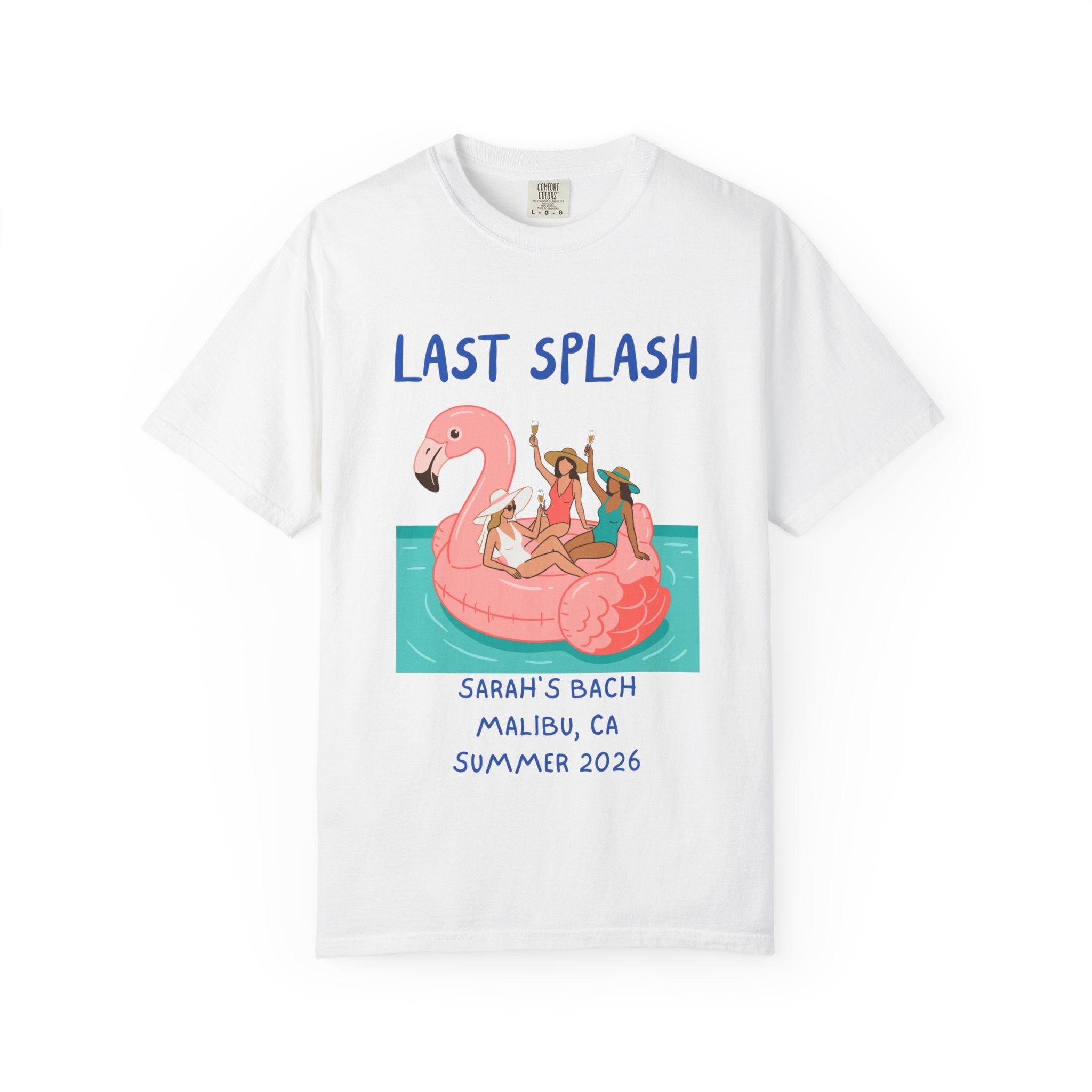 White t-shirt with "Last Splash" text and women on a flamingo float.