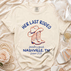 Cream t-shirt with "Her Last Rodeo" and Nashville bachelorette details.