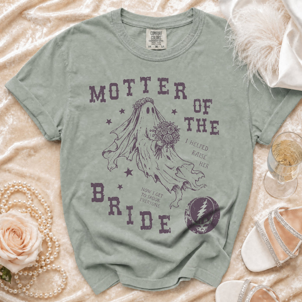 Mother of the Bride ghost graphic t-shirt with bouquet and text.