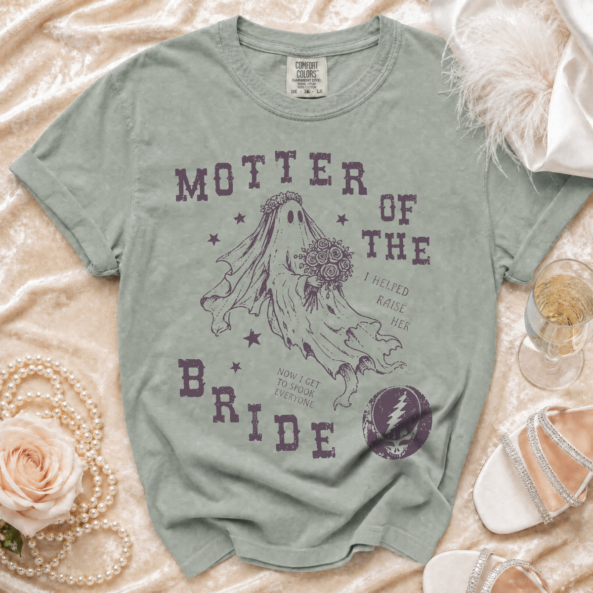Mother of the Bride ghost graphic t-shirt with bouquet and text.