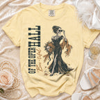 Yellow t-shirt with skeleton graphic and "OF THE OPER HALL Boo-tiful" text.