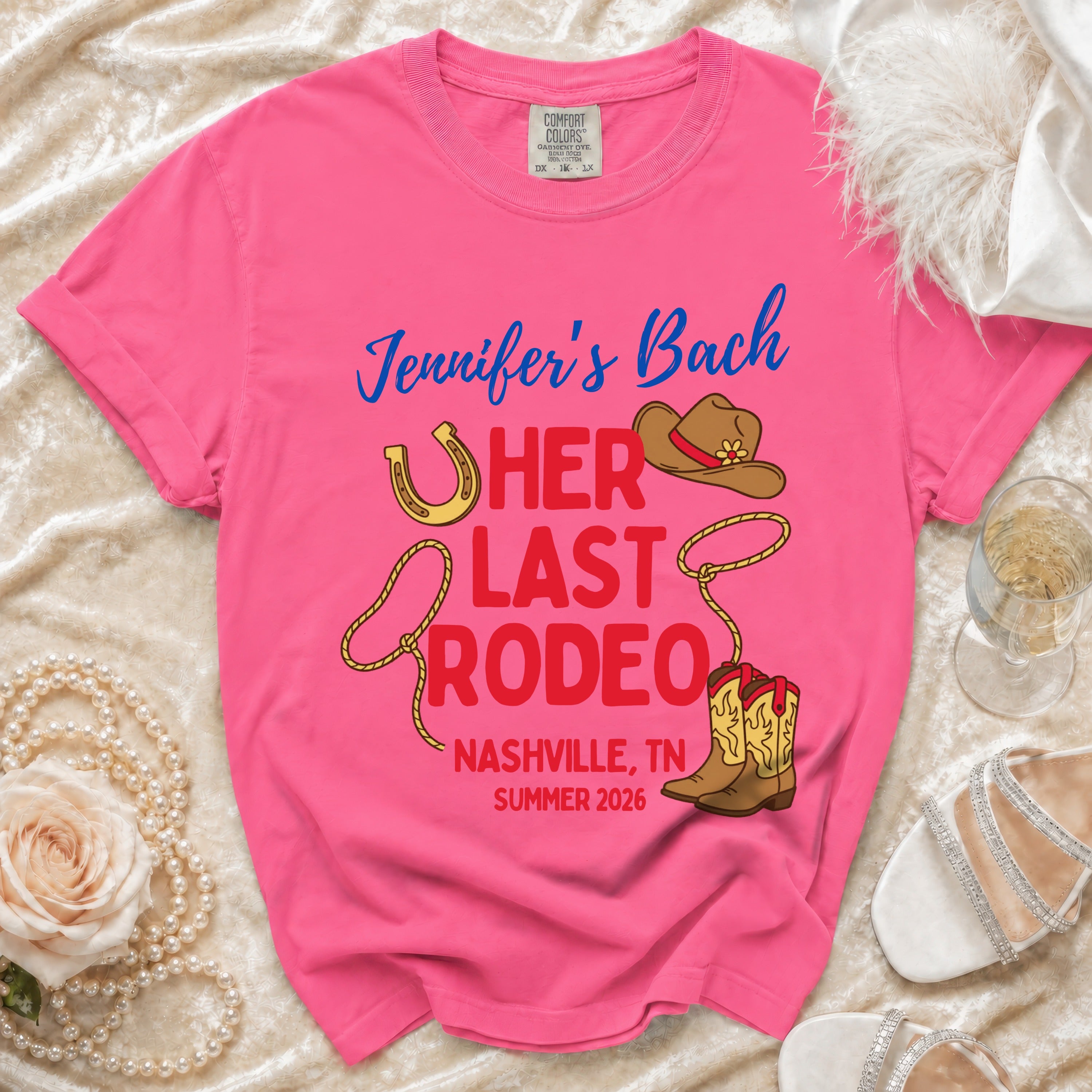 Pink t-shirt for "Jennifer's Bach: Her Last Rodeo" in Nashville, TN, Summer 2026.