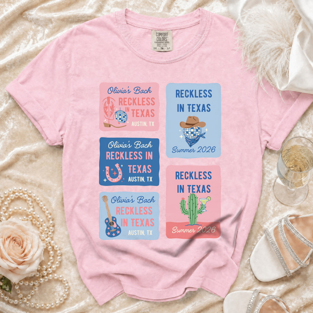 Pink t-shirt with "Olivia's Bach Reckless in Texas Austin TX" text and graphics.