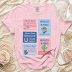 Pink t-shirt with "Olivia's Bach Reckless in Texas Austin TX" text and graphics.