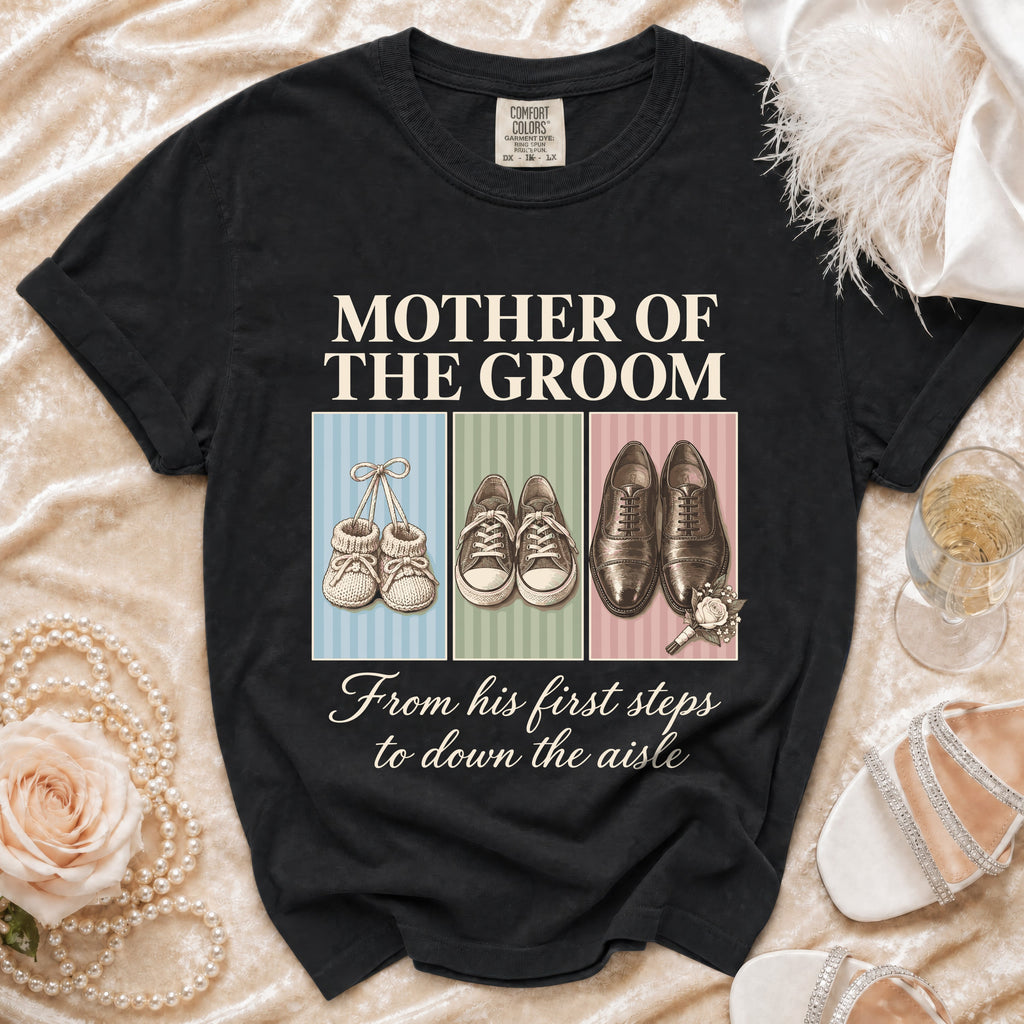 Black t-shirt with "Mother of the Groom" text and three shoe images.