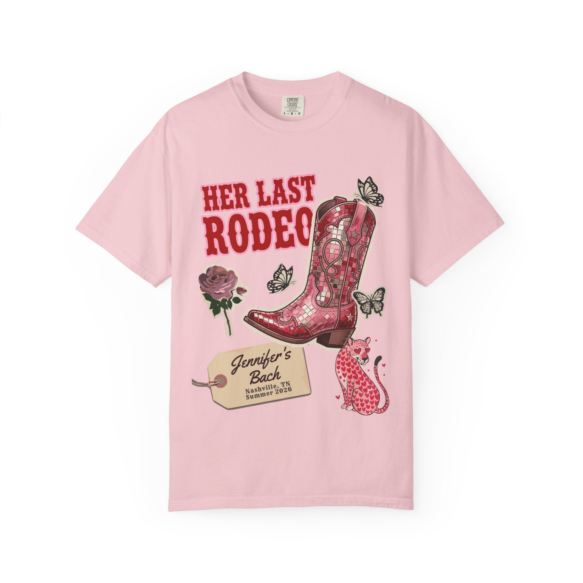 Pink t-shirt with "Her Last Rodeo" text, cowboy boot, and butterflies.