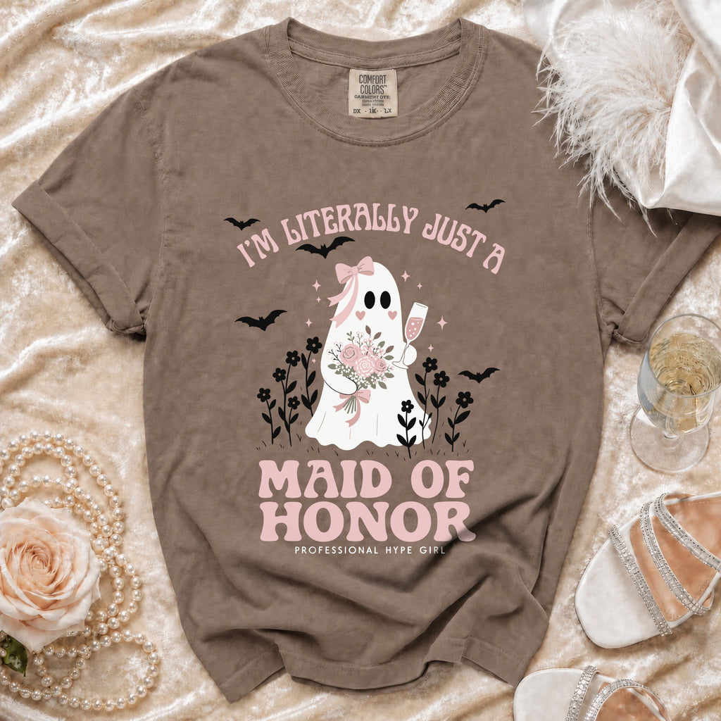 Brown t-shirt with ghost graphic, "I'm Literally Just A Maid of Honor" text.