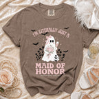 Brown t-shirt with ghost graphic, "I'm Literally Just A Maid of Honor" text.