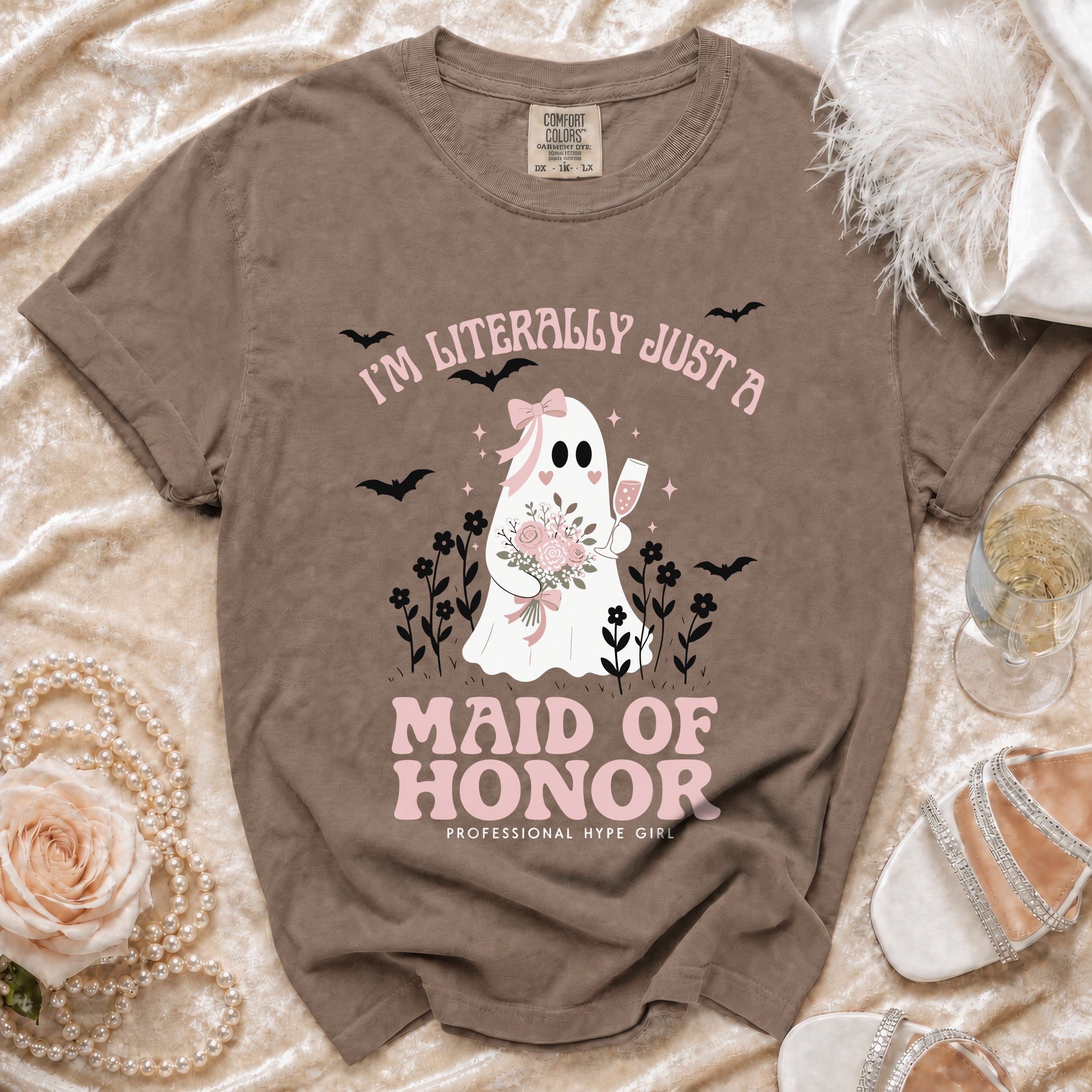 Brown t-shirt with ghost graphic, "I'm Literally Just A Maid of Honor" text.