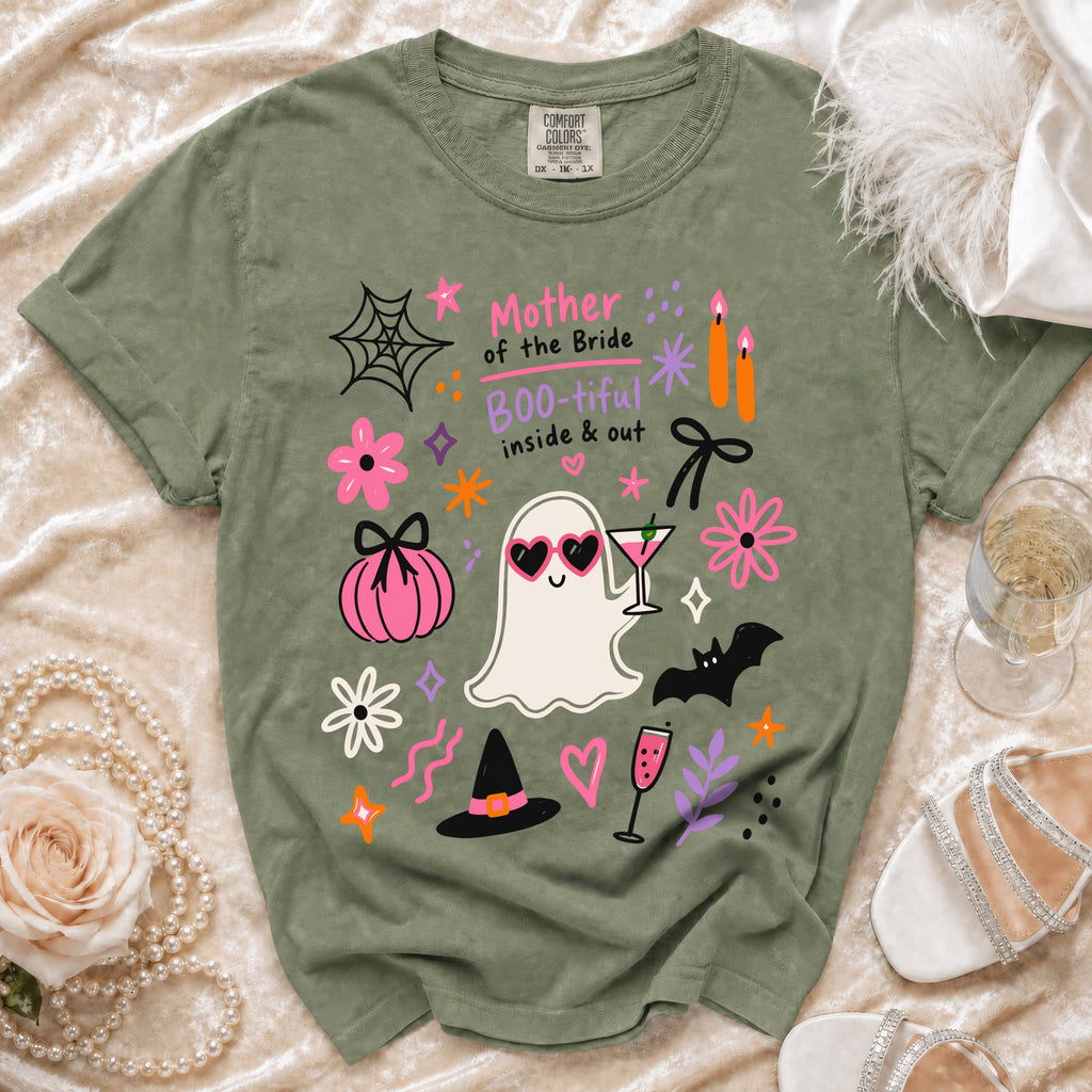 Green t-shirt with "Mother of the Bride BOO-tiful inside & out" and Halloween graphics.