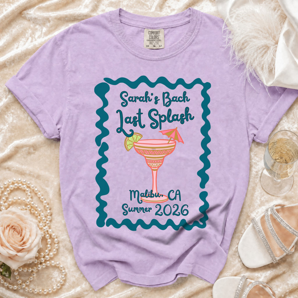 Purple t-shirt for "Sarah's Bach Last Splash Malibu, CA Summer 2026".