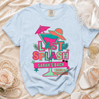 Light blue t-shirt with "LAST SPLASH SARAH'S BACH MALIBU, CA SUMMER 2026" text.