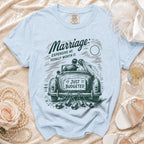 Light blue t-shirt with wedding graphic: "Marriage: Expensive AF, Totally Worth It." and "Just Budgeted"