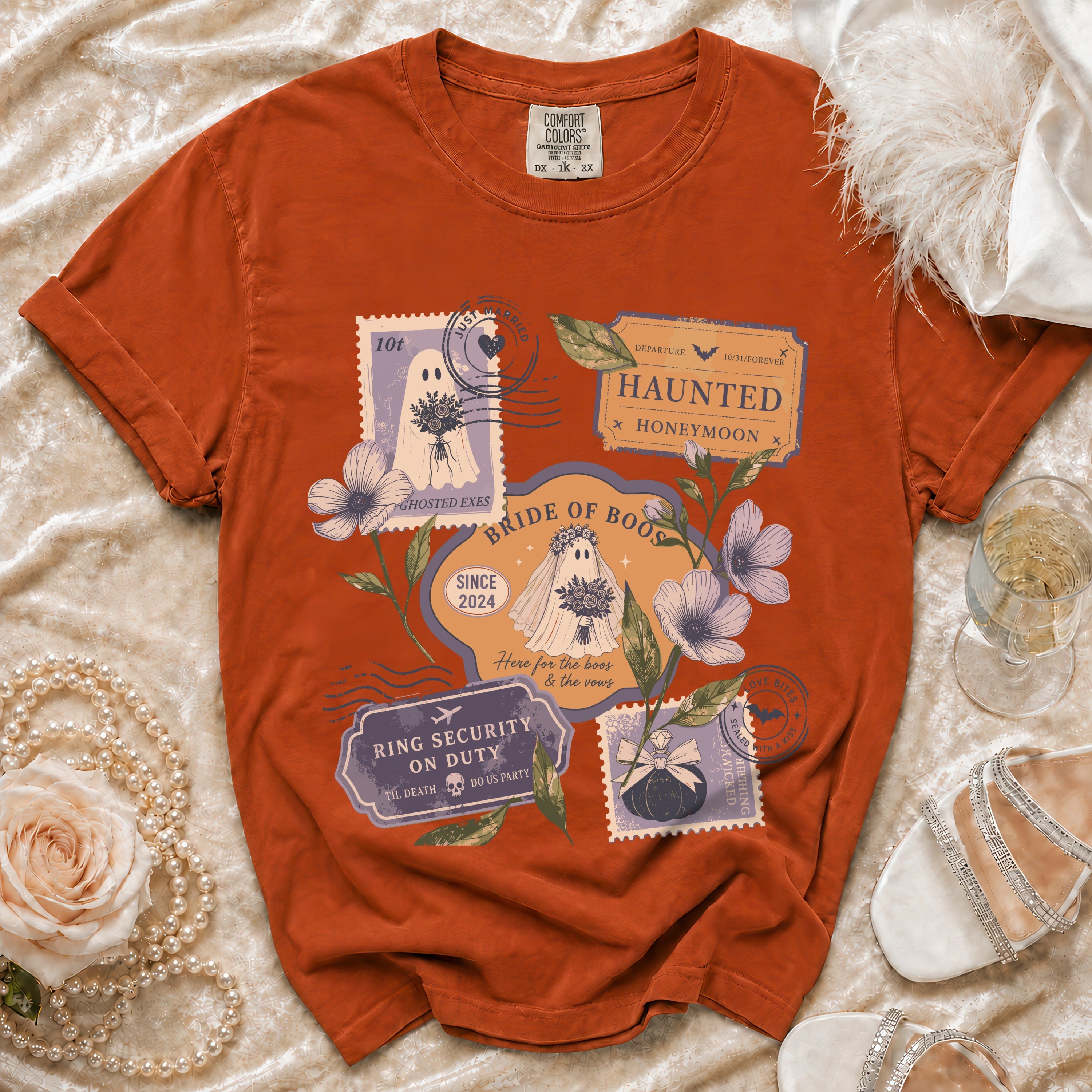 Orange t-shirt with "Bride of Boos" wedding-themed ghost graphic, "Haunted Honeymoon," and "Ring Security on Duty."