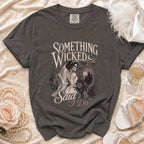 T-shirt with skeleton bride graphic and text "Something Wicked Said I Do".