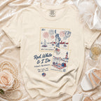 Cream t-shirt with Red, White & I Do and New York Harbor postage stamp design.