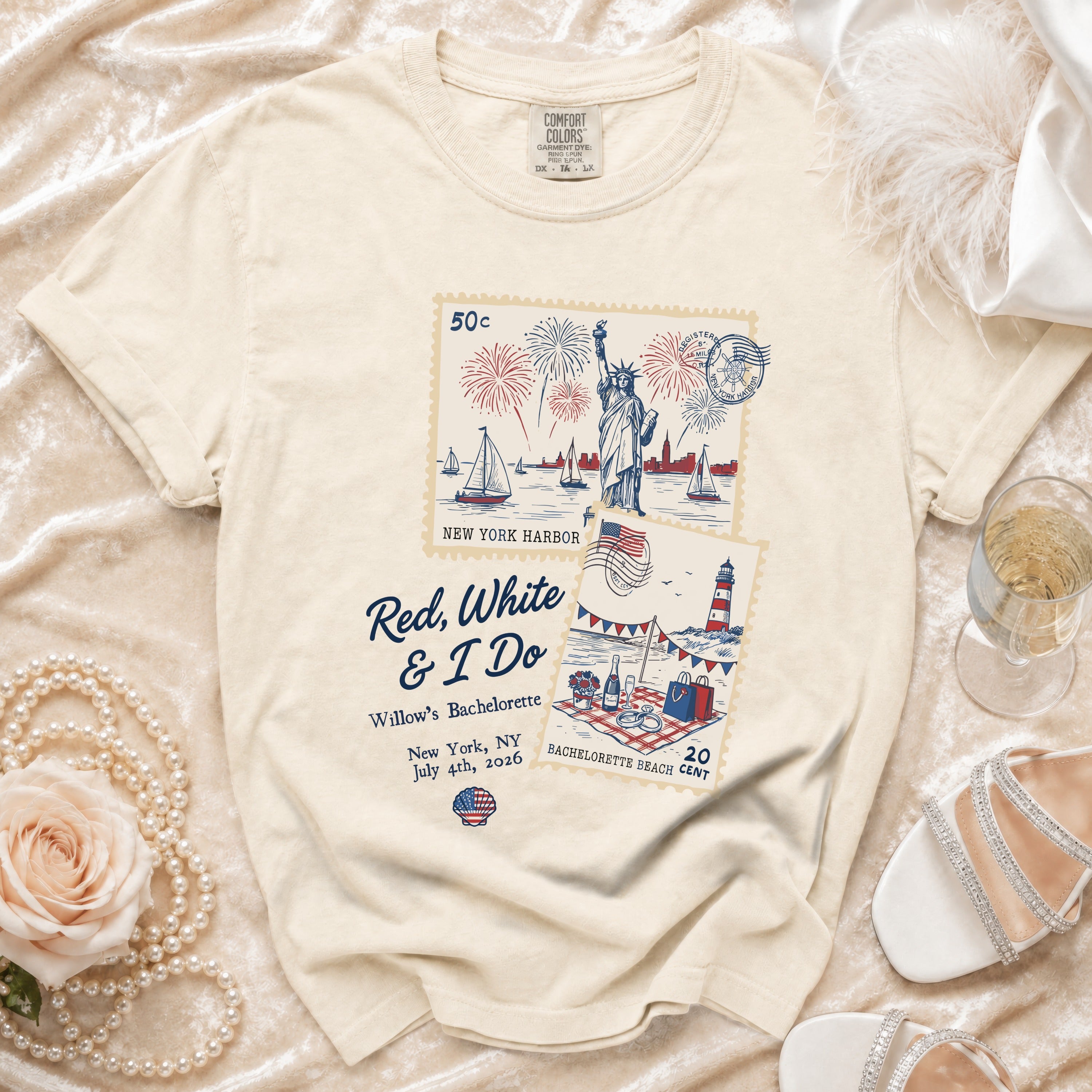 Cream t-shirt with Red, White & I Do and New York Harbor postage stamp design.