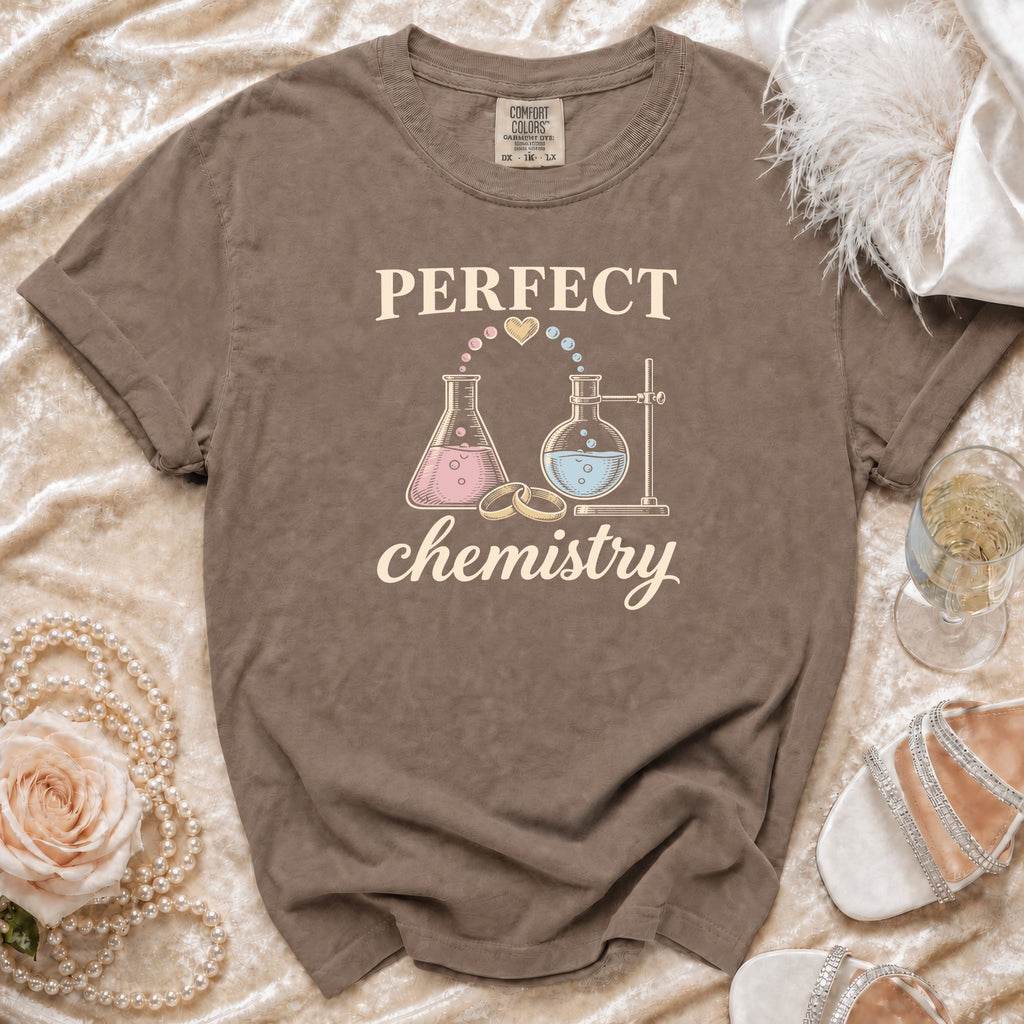 Brown t-shirt with "PERFECT chemistry" text and lab beakers graphic.