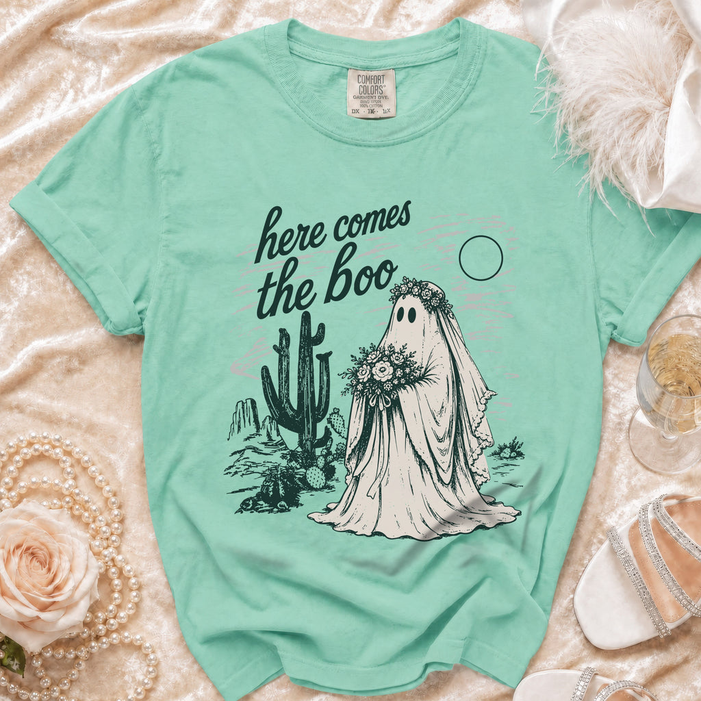 Mint green t-shirt with ghost bride, desert, and "here comes the boo" text.