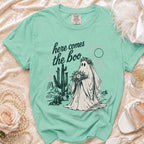Mint green t-shirt with ghost bride, desert, and "here comes the boo" text.